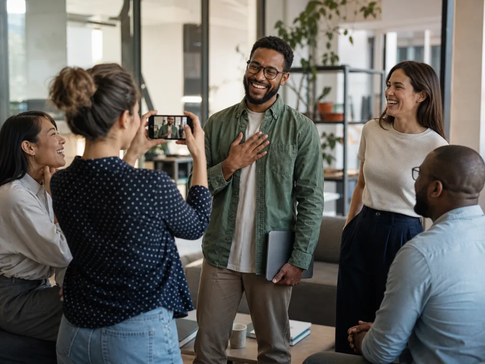 Illustrative photo of colleagues sharing a happy moment
