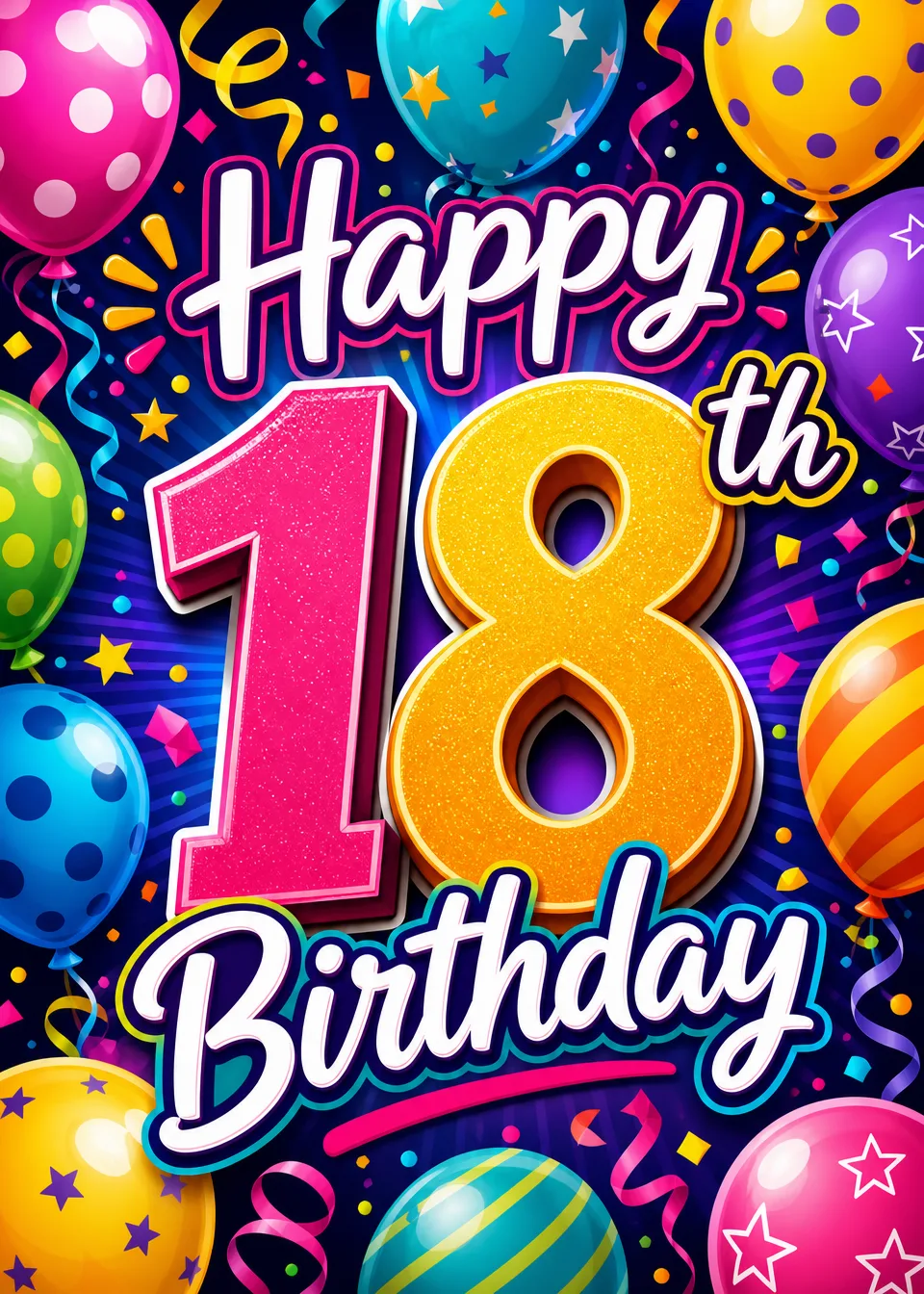 Bright balloon and confetti Happy 18th Birthday GreetingHQ card cover