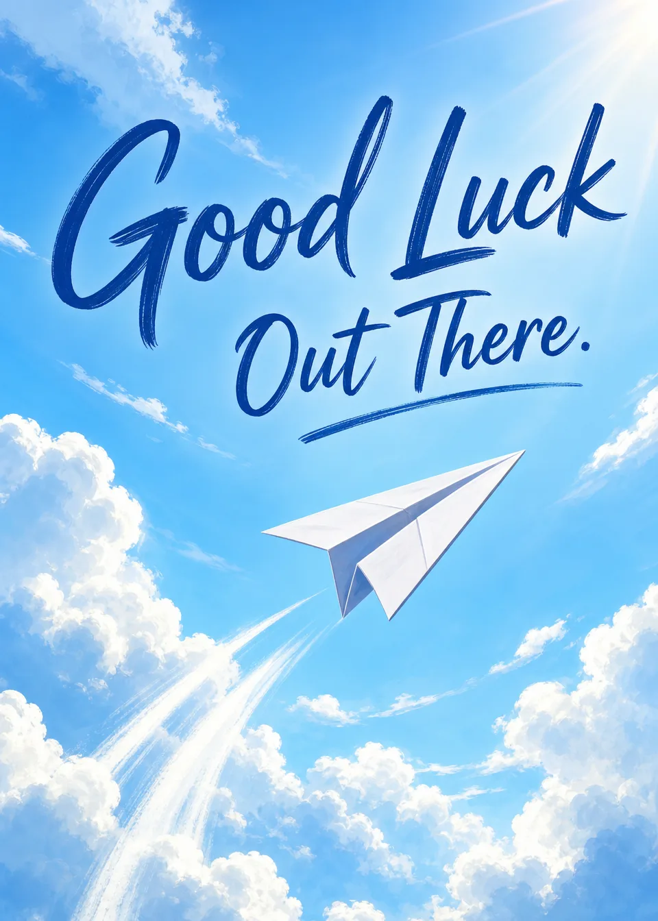Paper aeroplane in a blue sky Good Luck Out There GreetingHQ farewell card cover