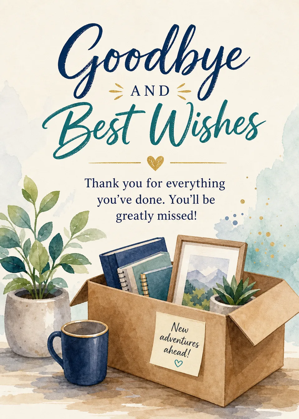 Illustrated desk and moving box Goodbye and Best Wishes GreetingHQ farewell card cover