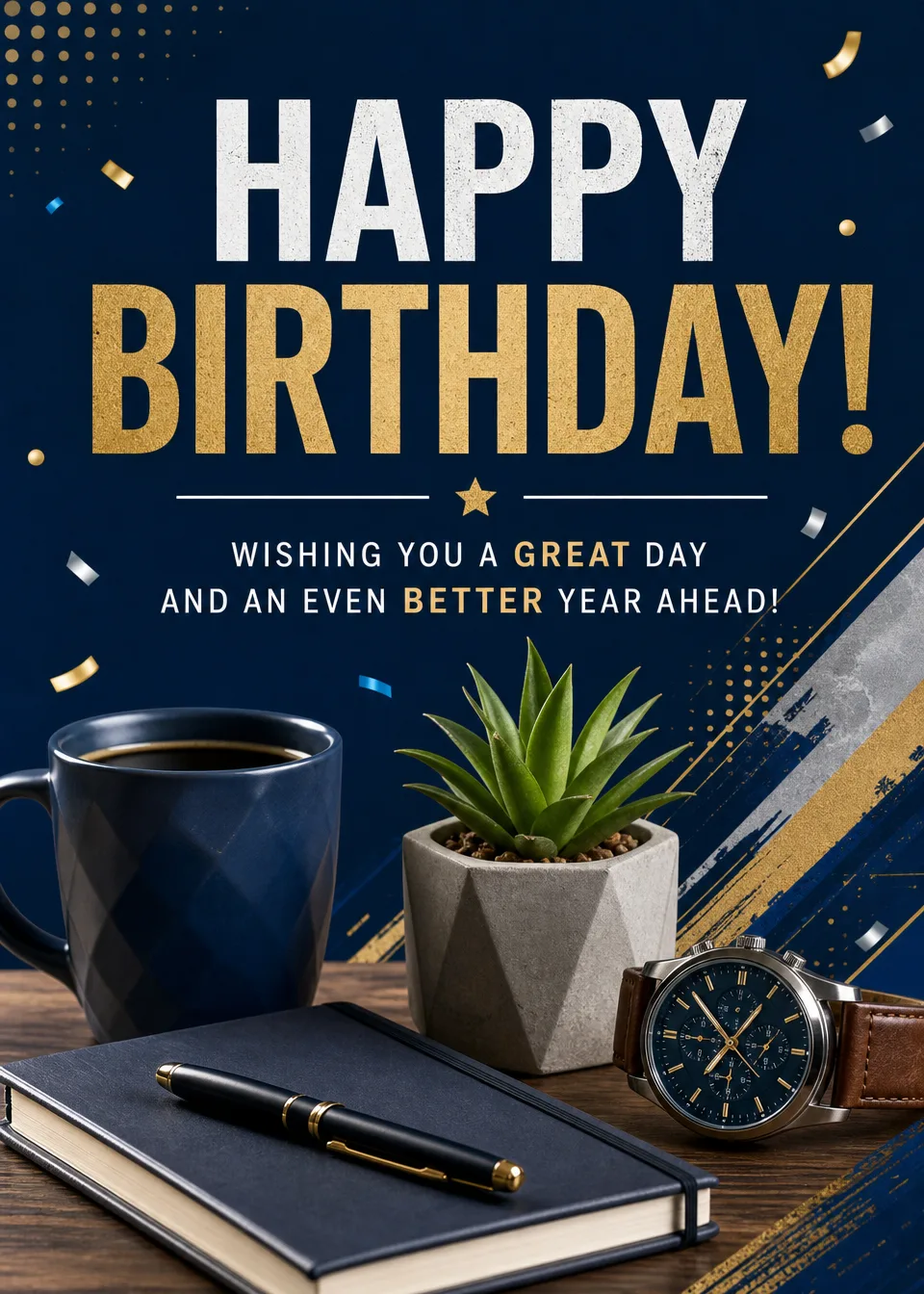 Navy and gold contemporary Happy Birthday GreetingHQ card cover for a colleague