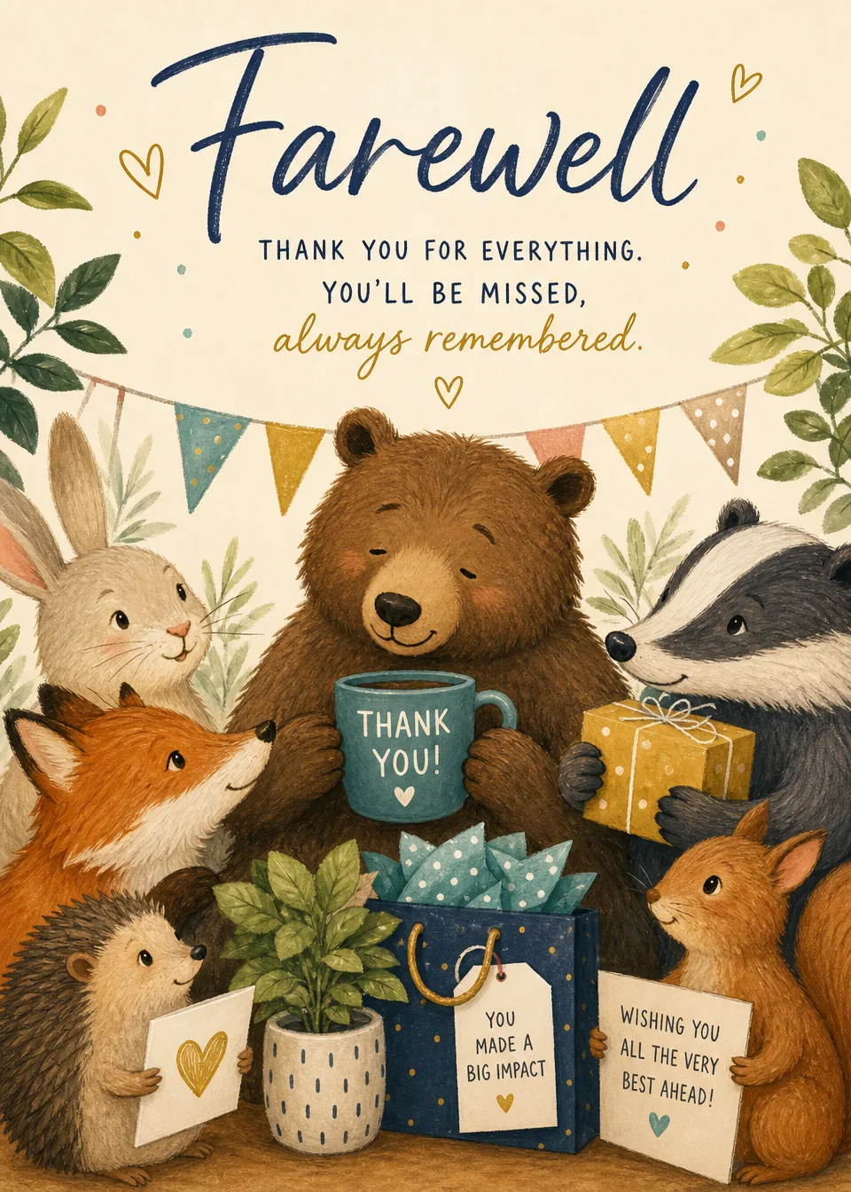 Leaving and goodbye cards for people moving on. Invite everyone to add their own messages and make it personal.